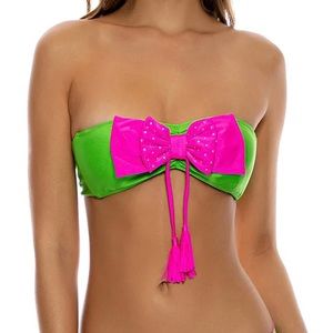 Luli Fama Pink Green Rhinestones Bandeau Bow Tassels Halter Bikini Top NWT